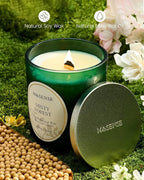 M&SENSE Eucalytus Pine Strong Scented Candle, Wooden Wick Candle, 100 Hours Slow Burning No Toxin Natural Soy Wax 18oz, Relax Aromatherapy Home Fragrance,Housewarming Gifts for Men Women