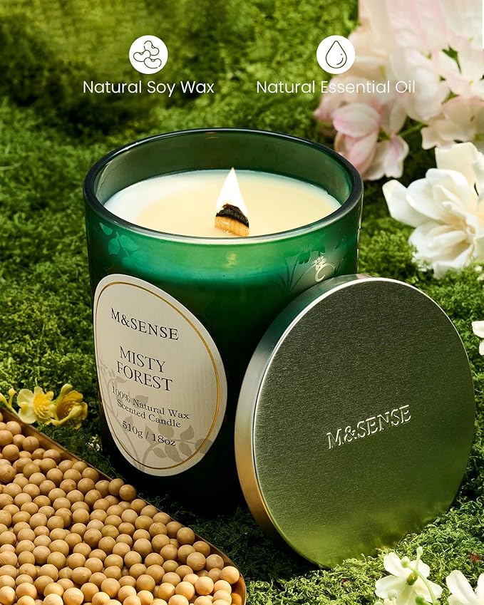 M&SENSE Eucalytus Pine Strong Scented Candle, Wooden Wick Candle, 100 Hours Slow Burning No Toxin Natural Soy Wax 18oz, Relax Aromatherapy Home Fragrance,Housewarming Gifts for Men Women