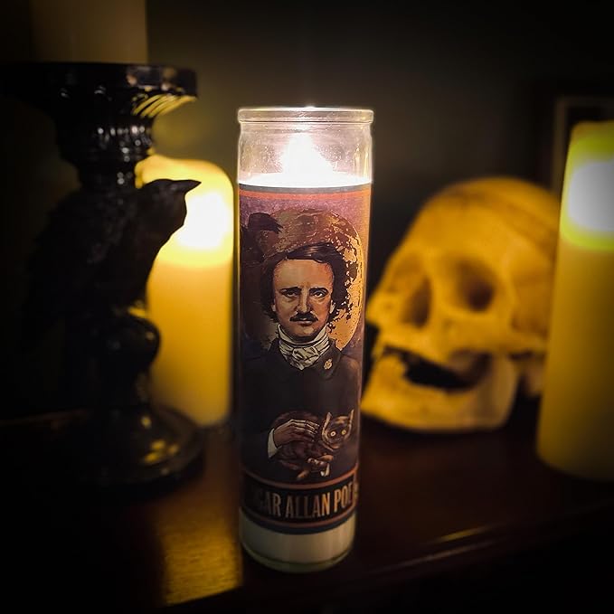 The Unemployed Philosophers Guild Edgar Allan Poe Secular Saint Candle - Unscented 8 Inch Tall Glass Prayer Votive, Made in The USA, Vegetarian Wax