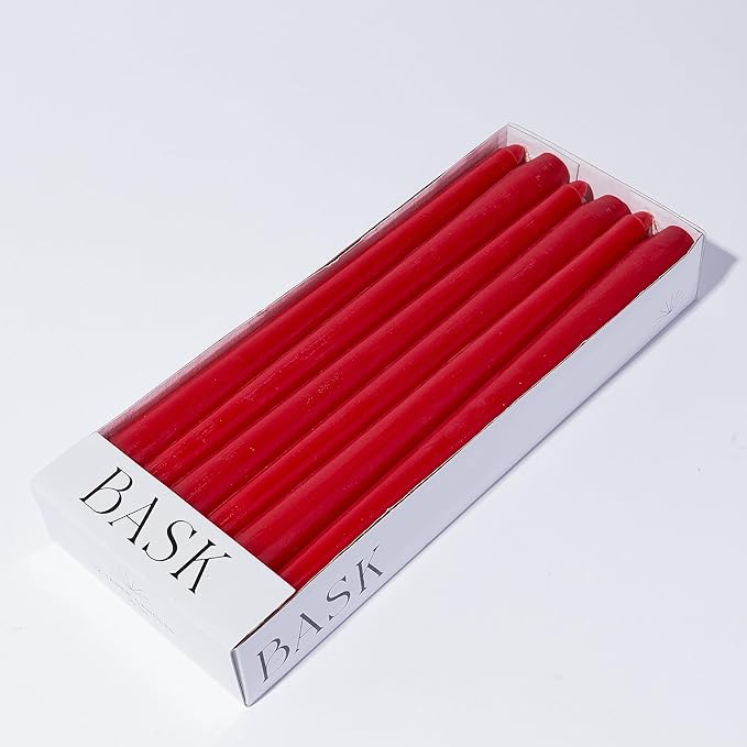 Bask 10-inch Taper Candles - Unscented and Dripless - Burns for 8 Hours - Home Decor for Dinner Table, Kitchen, and Bedroom - Perfect for a Romantic Date or Anniversary - 12-Pack - Red