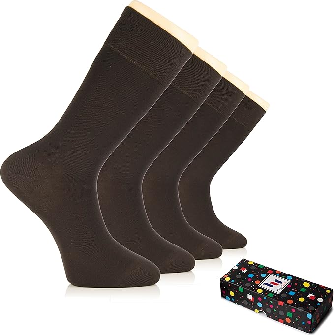 Hugh Ugoli Men's Bamboo Dress Socks for Business & Trouser, Thin & Seamless Crew Socks, 4 Pairs with Gift Box, Shoe Size 8-12