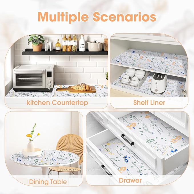 Drawer and Shelf Liner, Non-Slip Kitchen Cabinet Liners Non-Adhesive Thick Strong Grip Waterproof Washable Mats Protect Dresser ShelvesCabinets, Flower, 12 in X 10 FT