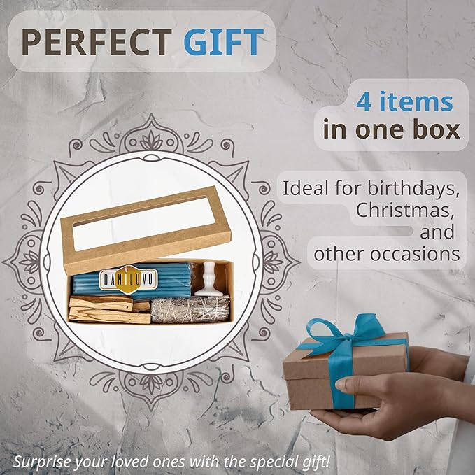 Danilovo Smudging Kit – 5 Palo Santo Sticks, 1 White Sage Smudge Stick, 50 Beeswax Taper Candles & Ceramic Candle Holder Set for Meditation, Cleansing, and Spiritual Practices