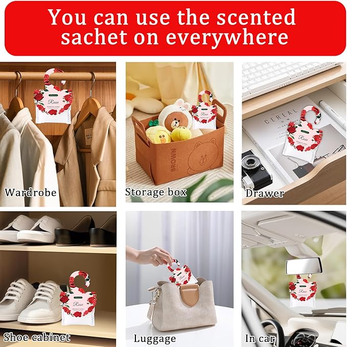 15 Packs Rose Scented Sachets Bag for Drawers and Closets, Air Freshener for Home Fragrance Sachet, Long-Lasting Hanging Closet Deodorizer Smell Goods for House