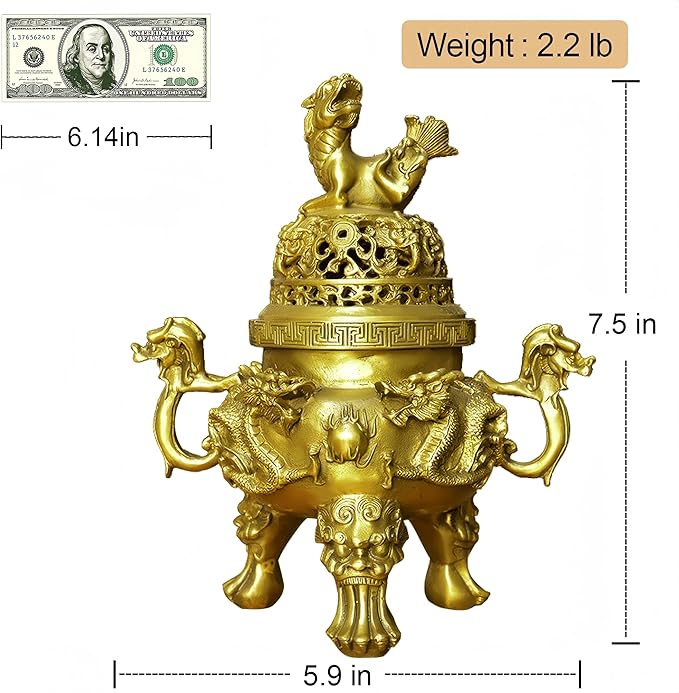 Top Brass Incense Burner & Holder Censer - Handmade for Home Decor, Meditation Decor, Spiritual Gifts, Zen Decor, Suitable for Incense Coil and Incense Cones,Chinese New Year Decoration (Small)