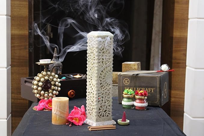 Carry Me Handmade Marble Soapstone Incense Stick Burner | Candle Stick Holder | Tea Light Burner - Perfect Floral Carving for Gifting. Decorative Home and Kitchen Decor (3 x 3 x 11 Inches)