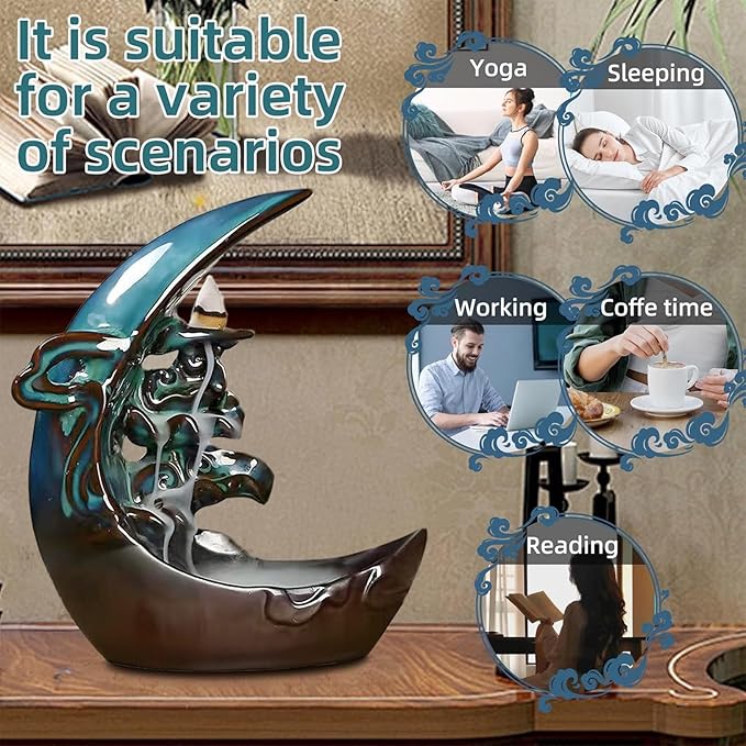 Moon Backflow Incense Holder – Ceramic Incense Cone Holder with 60 Backflow Incense Cones | Waterfall Incense Burner & Waterfall Fountain | Incense Waterfall Effect for Relaxation & Meditation