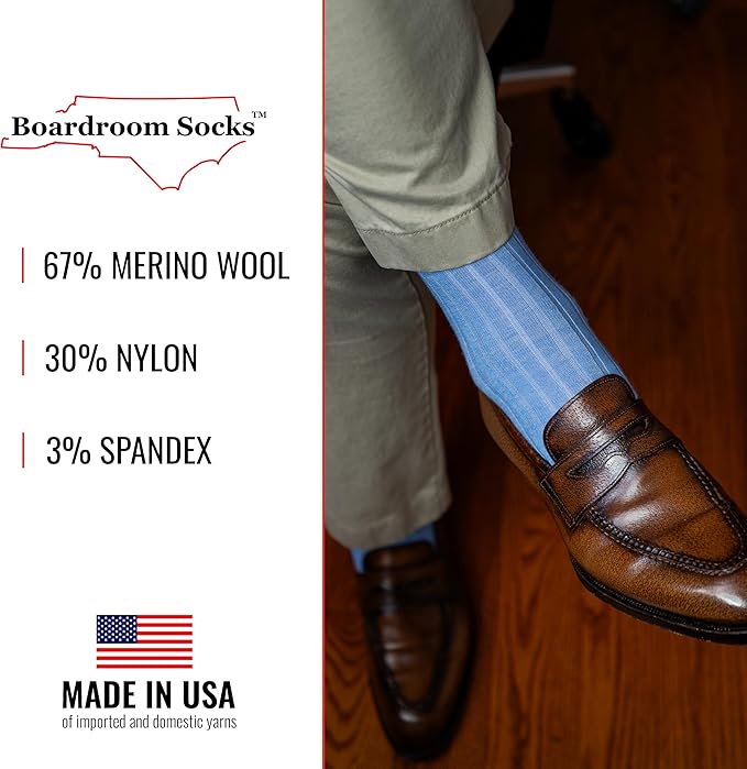 Merino Wool Mid-Calf Dress Socks for Men, Ribbed Dress Socks