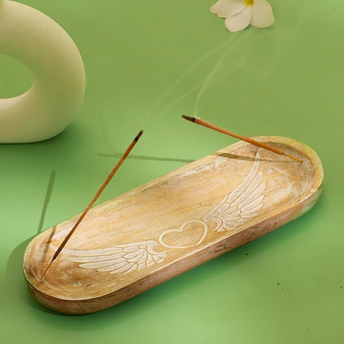 Hand Carved Incense Holder-Incense Burner/Ash Catcher/Handmade Wooden Insence Tray – Modern Gift Home/Room/Kitchen Décor Size 11x4x1.5 Inches