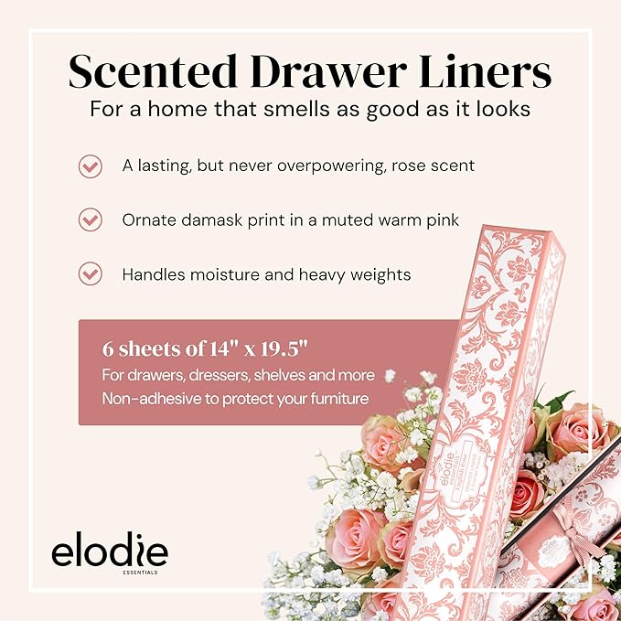 Shelf Paper - 14" x 19.5" (Royal Damask) English Rose Scented Drawer Liners for Dresser, Bedroom & Bathroom - Non-Adhesive Drawer Liner Paper - 6 Sheets
