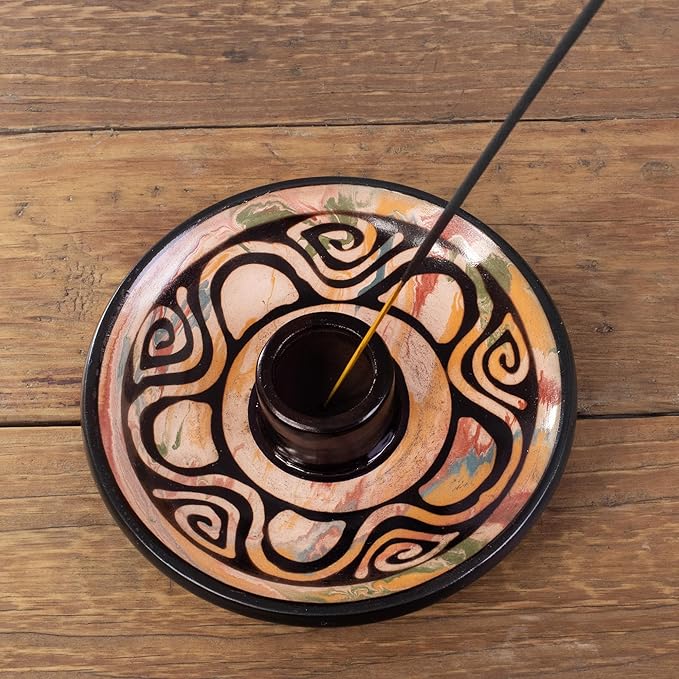 NOVICA Artisan Crafted Ceramic Incense Holder | Vicus Culture Style | Swirl Patterned Round | Meticulous Art | Handmade Designed | Home Decoration | Peru 'Ancestral Swirls' 5" Diam.