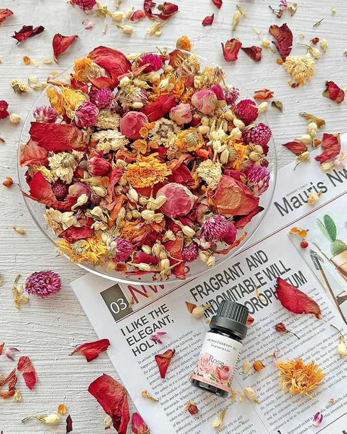 Fall Potpourri Bowl Filler, Rose Scented Potpourri Dried Flowers with Rose, Calendula, Chamomile, Jasmine, Lily, Peony,Albizia,Gomphrena, Pink Decorative Bowl Filler for Home Fragrance, Hostess Gift