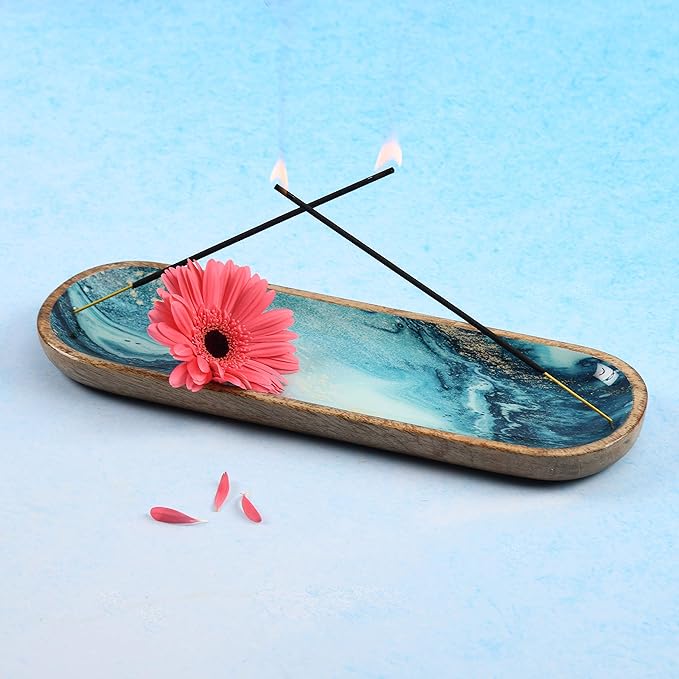 Folkulture Incense Holder for Sticks or Incense Burner | Insence-Stick Holder for Men or Her, Modern Ash Catcher or Insense for Table Décor, Wooden Incense Tray for Sticks, Mango Wood -12 Inches, Blue