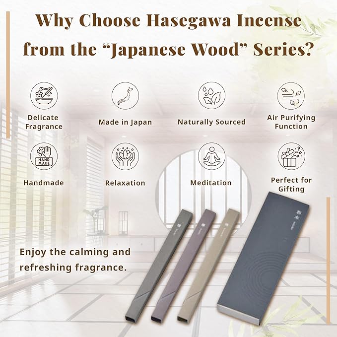 Hasegawa Japanese Wood Incense Sticks Variety Pack – 3 Varieties: Hinoki, Keyaki, Camphor