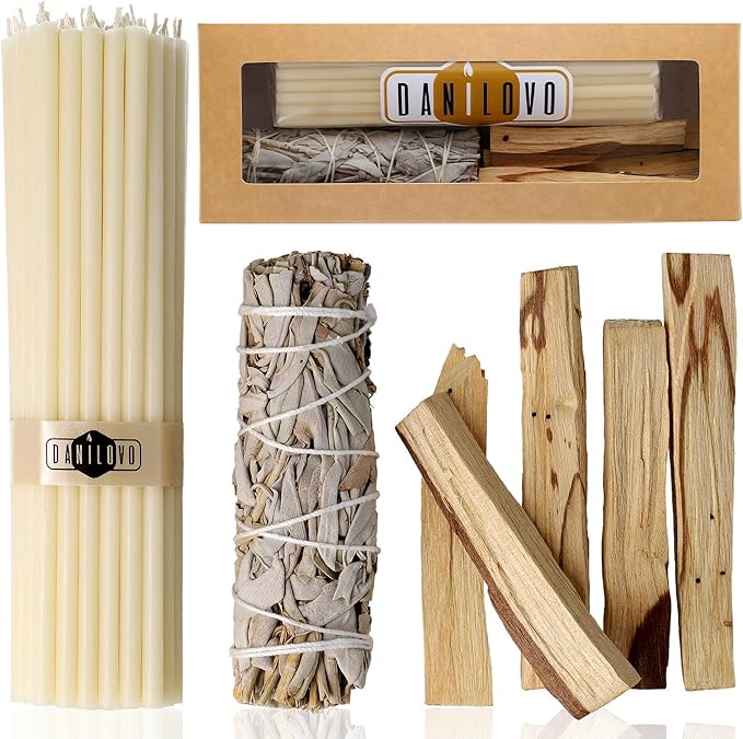 Danilovo Smudging Kit – 5 Palo Santo Sticks, 1 White Sage Smudge Stick and 50 pcs Beeswax Taper Candles Set for Meditation, Cleansing, and Spiritual Practices, Handcrafted, Eco-Friendly