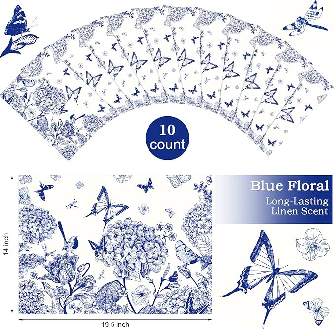 10 Sheets Drawer Liners for Dresser Scented Drawer Liners Non Adhesive Scented Paper for Fragrant Home Shelf Closet(Linen,Blue Butterfly)