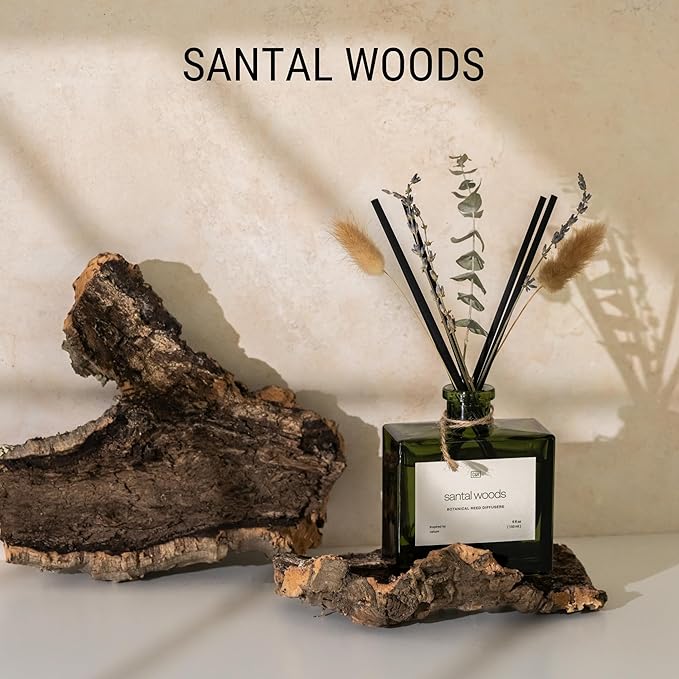Craft & Kin Reed Diffuser with Dried Flowers | 5 oz Santal Woods Fall Scented Reed Diffusers for Home, Bathroom | Scent Sticks | Elegant Fragrance Home Decor for Men & Women