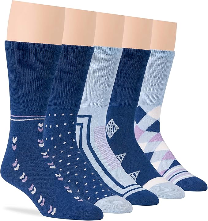 Men's Diabetic Novelty Non-Binding Crew Socks - 5 Pack Big Tall - Argyle, Dot, Geometric Pattern - Sock Size 13-15 Shoe Size 12-15 XL Denim Blue, Light Blue