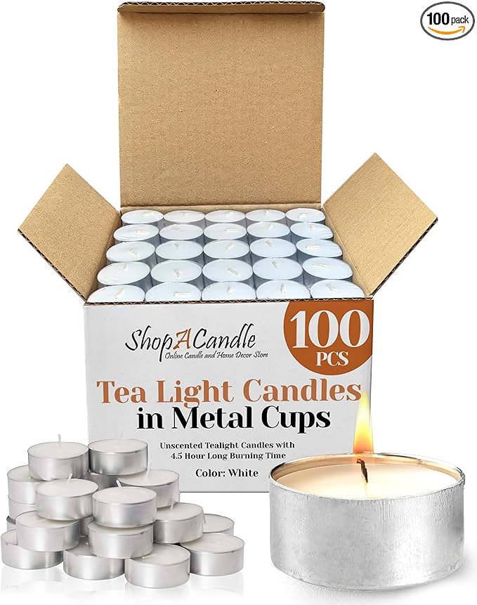 100 Pack Tealight Candles in Metal Cups - Clean, White Unscented with 4.5 Hour Long Burning Time - Votive Candles Bulk for Romantic Dinner, Weddings, Spa & Hotels by PARNOO
