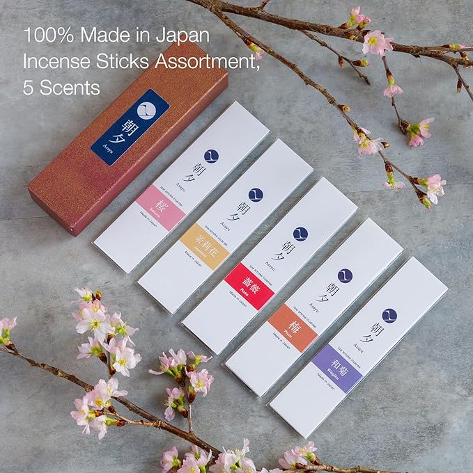 Asayu Japan Incense Sticks Assortment - 5 Floral Fragrances, 20g, 100% Made in Japan Incense Sampler Variety Pack - for Yoga, Zen Meditation & Relaxation