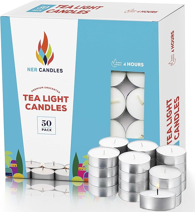 50 Unscented Tea Lights Candles White, Smokeless, Dripless & Long Lasting Paraffin Small Votive Mini Tealight Candle for Home, Pool, Shabbat, Weddings & Emergencies (50-Pack)