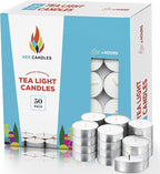 50 Unscented Tea Lights Candles White, Smokeless, Dripless & Long Lasting Paraffin Small Votive Mini Tealight Candle for Home, Pool, Shabbat, Weddings & Emergencies (50-Pack)