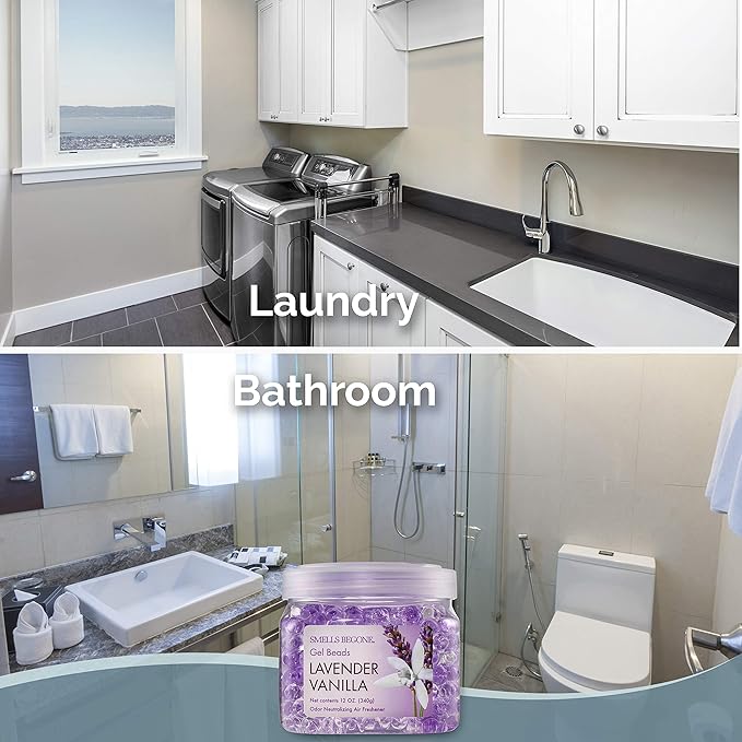 SMELLS BEGONE Odor Eliminator Gel Beads - 12 oz, Pack of 2 - Eliminates Odor in Bathrooms, Cars, Boats, RVs & Pet Areas - Air Freshener - Made with Essential Oils - Lavender Vanilla Scent