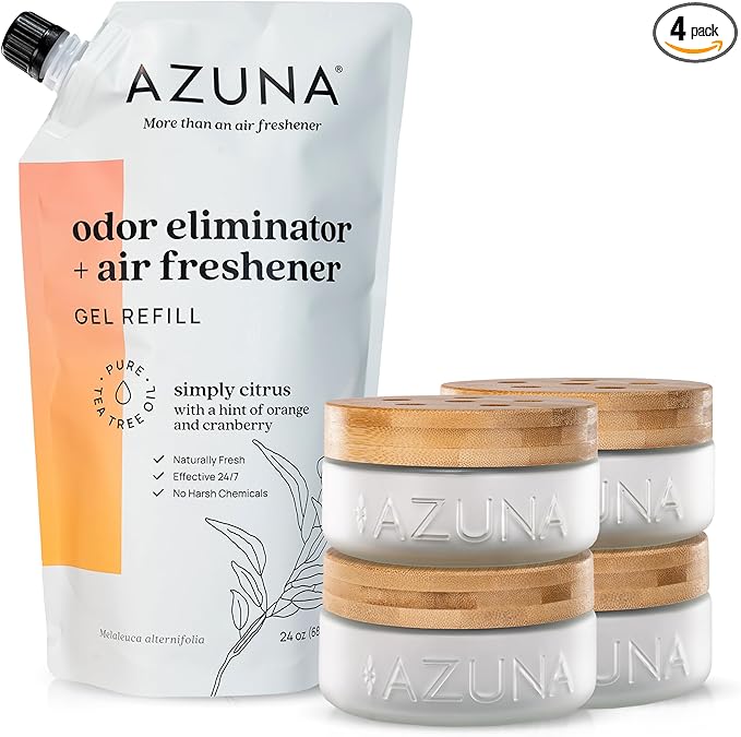 Azuna Air Freshener & Odor Eliminator for Strong Odor | 4 Room Kit Includes (4) Empty Luxe Glass Jar & 24oz Gel Refill with Tea Tree Essential Oil | Simply Citrus | Last 60-90 Days