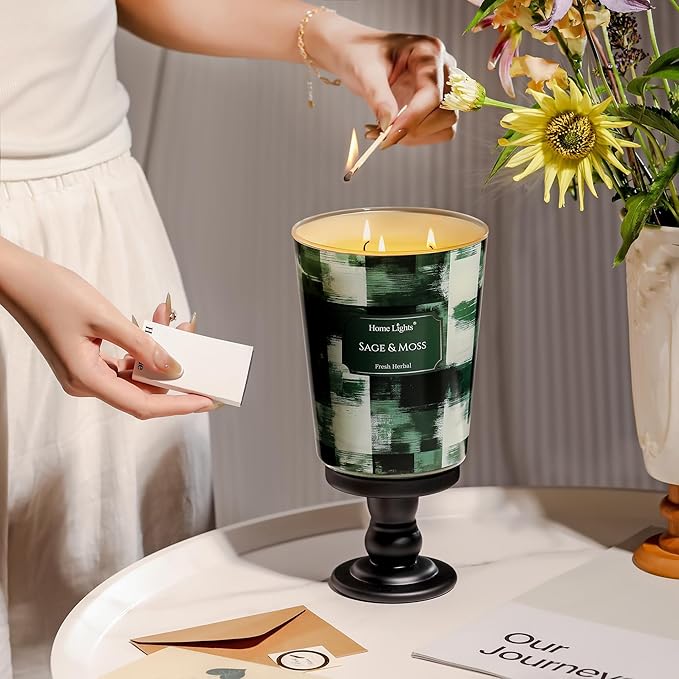 HomeLights 3-Wick Candles for Home Scented - 34oz Soy Wax Blend Candle Long-Lasting Fragrance, Scandinavian Minimalist Design Home Decor and Housewarming Gifts, Sage & Moss