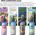 Natural Bedroom Linen Spray Scented Room Mist with Plant Extracts Long Lasting Freshness for Sheets, Pillows & Curtains –Ebony Agarwood + Misty Forest + Chamomile + Romantic Rose 4oz（4 Bottle）