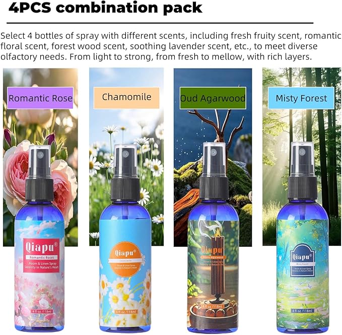 Natural Bedroom Linen Spray Scented Room Mist with Plant Extracts Long Lasting Freshness for Sheets, Pillows & Curtains –Ebony Agarwood + Misty Forest + Chamomile + Romantic Rose 4oz（4 Bottle）