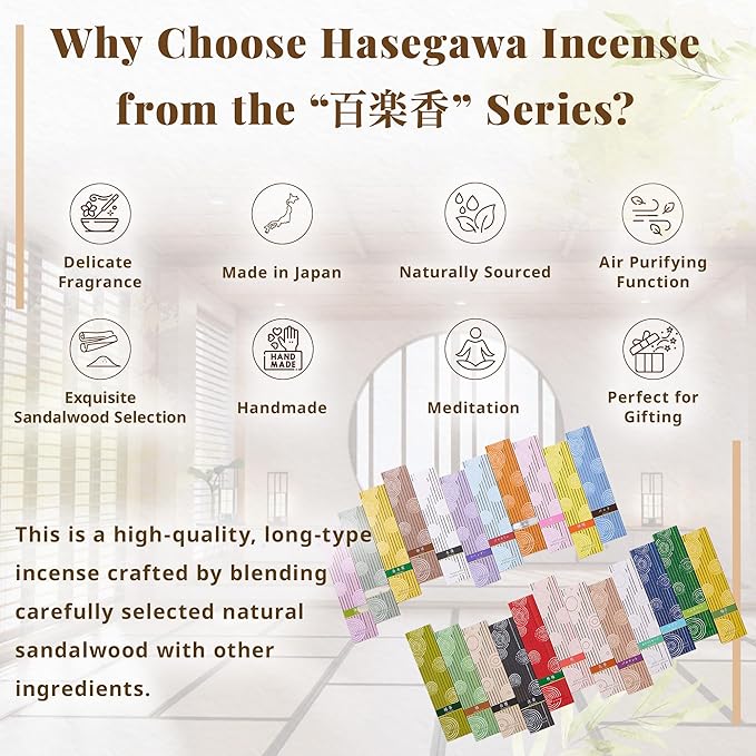 Hasegawa Hyakurakuko Premium Japanese Sandalwood Incense - Long Type, 40 Sticks with Aluminum Holder, 20-30 Min Burn Time, Made in Japan 線香 百楽香 (Patchouli)