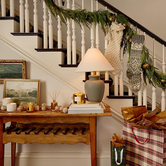 Thymes Frasier Fir Candle - Gilded Collection - Wood Grain Ceramic Design with 24-Karate Gold Rim - Mountain Fresh Fragrance - Elegant Winter Candle Scents - Gifts for Women & Men (Medium, 11 oz)