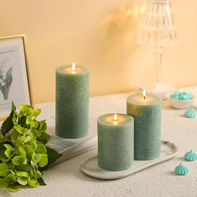 Sage Green Pillar Candles Set of 3 - Hand-Poured Unscented Candles,Smokeless Dripless Candles for Dinner Table and Home, Set of 3 in Different Sizes (3"x4", 3"x5", 3"x6")