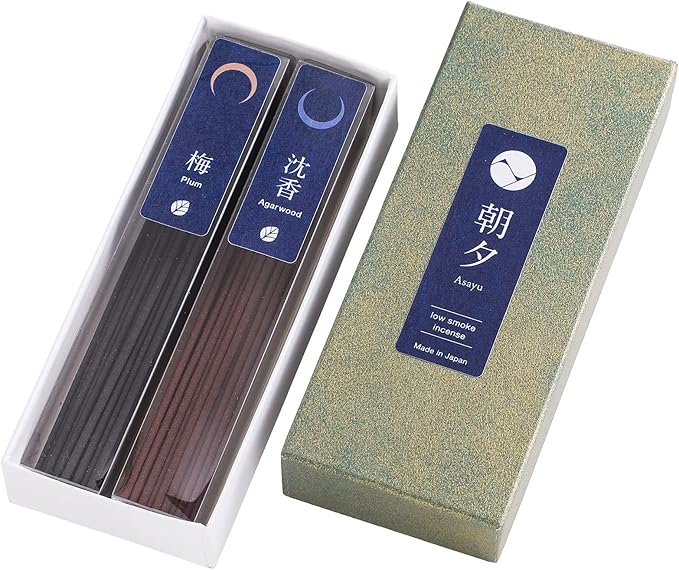 Asayu Japan Low Smoke Incense Sticks - Nature Set (Plum + Agarwood), 40gr (Each Scent 20g), for Yoga, Zen Meditation and Relaxation - Smokeless for Less Irritation