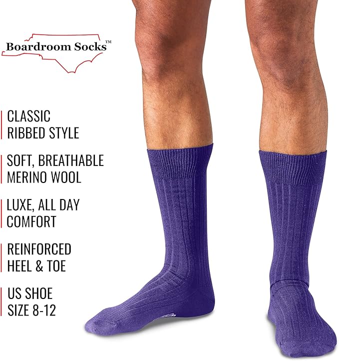 Merino Wool Mid-Calf Dress Socks for Men, Ribbed Dress Socks