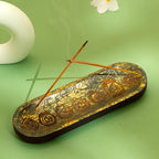 Hand Carved Incense Holder-Incense Burner/Ash Catcher/Handmade Wooden Insence Tray – Modern Gift Home/Room/Seven Chakra Blue Gold Kitchen Décor Size 11x4x1.5 Inches