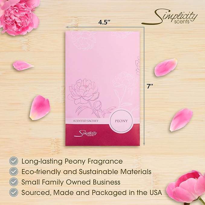 Peony Scented Sachets Pack of 3, Spring and Summer - Long-Lasting Scented Bags, Home Fragrance, Air Freshener & Deodorizer for Closet, Room, Drawer, or Cars, Made in USA