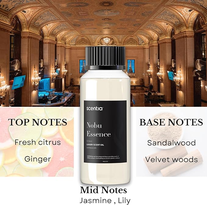 Hotel Diffuser Oil Inspired by The Nobu Hotel - 120 mL 4.06 fl oz - Essential Oil Blend Jasmine, Lilly, Sandalwood & Fresh Citrus for Aromatherapy Diffusers - Nobu Essence