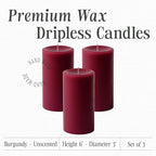 Mister Candle Dripless Unscented Pillar Candles, Set of 3 Hand Poured Burgundy Pillar Candles, Solid Color Non-Scented Candles for Home Decor, Premium Wax, 80 Hr Burn Time, 3x6 Inch