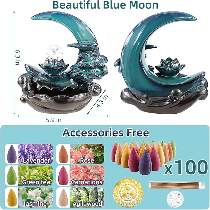 Moon Backflow Incense Burner,Ceramic Incense Cone Holder, Incense Waterfall Fountain,Backflow Incense Holder with 60 Backflow Incense Cones and 40 Incense Sticks