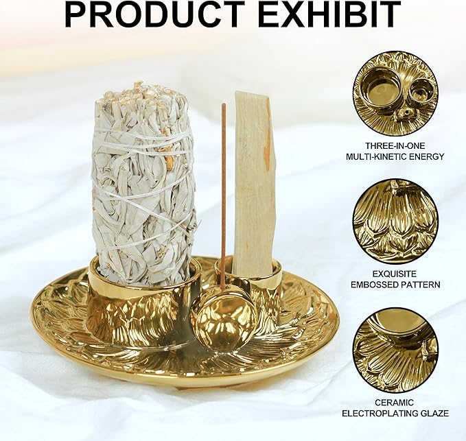 4 in 1 Incense Holder, Ceramic Incense Stick and Palo Santo Holder,Sage Holder for Burning- 5.5" Ceramic Ash Catcher Tray for Meditation and Yoga Room (Golden)