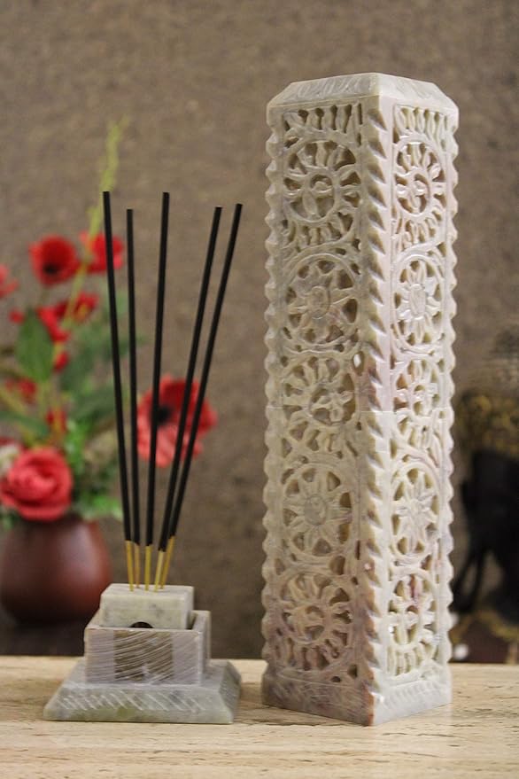 Carry Me Handmade Marble Soapstone Incense Stick Burner | Candle Stick Holder | Tea Light Stand - Floral Carving for Gifting. Decorative Incense Tower for Home and Office Decor. (3x3x11 Inches)