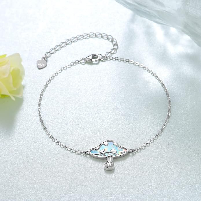 TYSO Mushroom Bracelet 925 Sterling Silver White/Pink/Blue Opal Mushroom Bracelet Jewelry Gift for Women