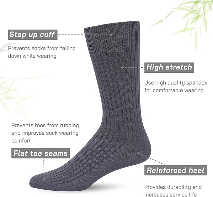 SERISIMPLE Men's Dress Socks - Bamboo Viscose Thin Ribbed Knit, Silky & Soft, Lightweight Business Crew Socks 5 Pairs