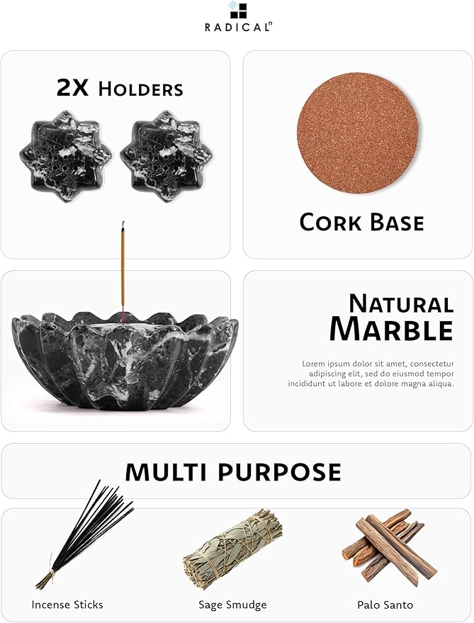 Radicaln Marble Incense Holder 5.5" Inches Black Handmade Aesthetic Room Decor & Apartment Essential, Aromatherapy Holder for Incense Sticks, palo Santo Stick for Incense Burner