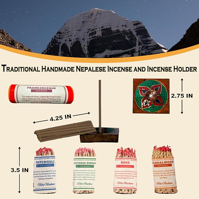 Handmade Tibetan Incense Gift Set – 150 pcs Incense Variety Pack: Frankincense, Patchouli, Sandalwood, Rose, Amitabha Buddha, Incense Holder, 4 Rope Bundles and 1 Stick Bundle