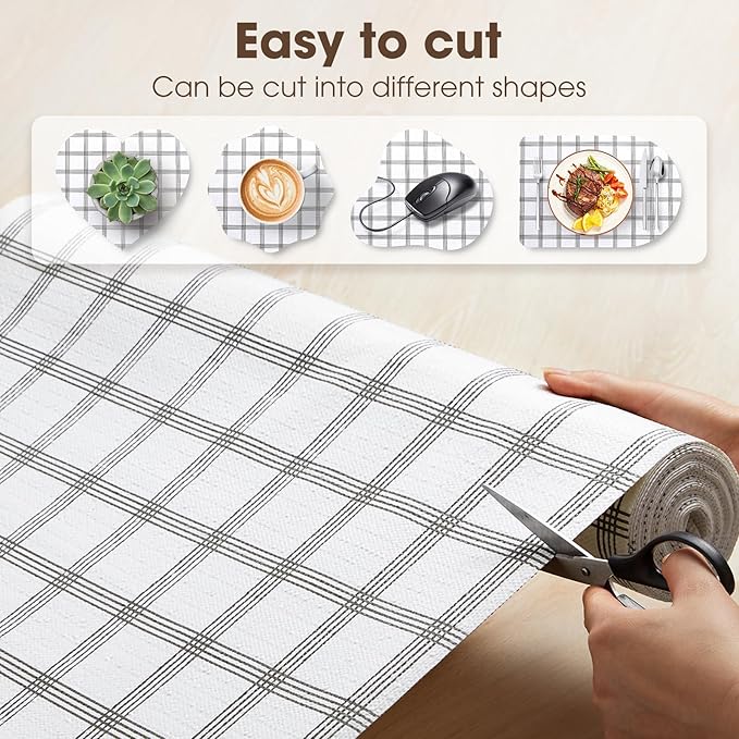Drawer and Shelf Liner, Non-Slip Kitchen Cabinet Liners Non-Adhesive Thick Strong Grip Waterproof Washable Mats Protect Dresser Shelves Cupboard Bathroom Cabinets, White Stripes, 12 in X 30 FT
