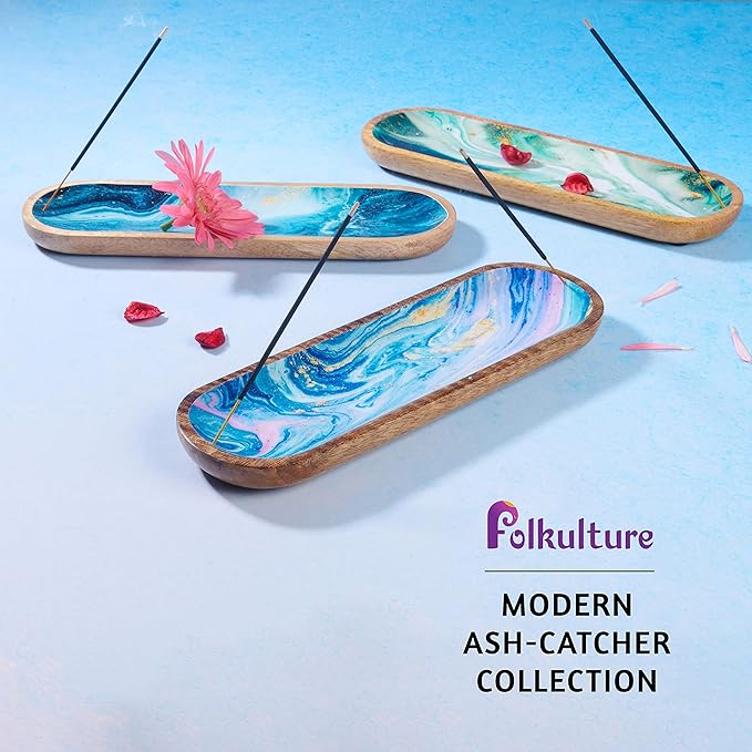 Folkulture Incense Holder or Incense Burner, Modern Incense Holder for Sticks, Ash Catcher or Insence-Stick Holder for Home Décor, 12 Inch Long for Home Decor, Mango Wood, Green Agate