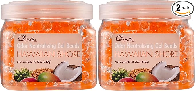 Clear Air Odor Eliminator Gel Beads - 12 oz, Pack of 2 - Air Freshener Made with Essential Oils - Eliminates Odors in Bathrooms, Cars, Boats, RVs & Pet Areas - Hawaiian Shore Scent